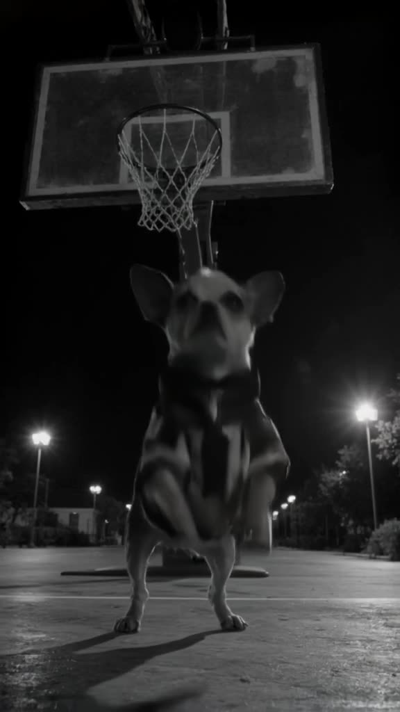 A Chihuahua in a huge jersey looks up at a giant basketball hoop. It jumps, barely liftin…