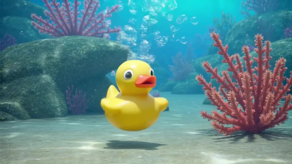 A rubber duck is squeezed by an invisible force, shooting a stream of bubbles upward in r…