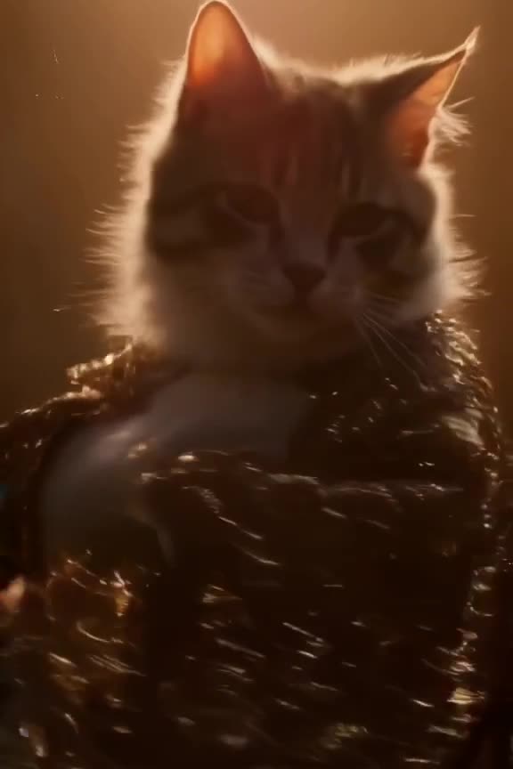 A cat in a glittering cape does a dramatic hair flip dance in slow motion. Warm backlight…