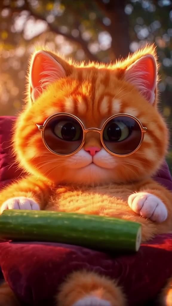 A fluffy orange tabby wearing oversized round sunglasses lounges on a velvet pillow. Sudd…
