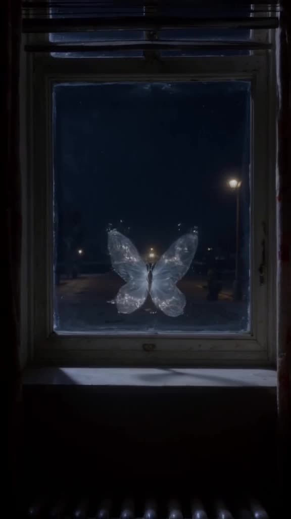 A large, delicate glass butterfly rests on a windowsill. Inside its translucent wings, ti…
