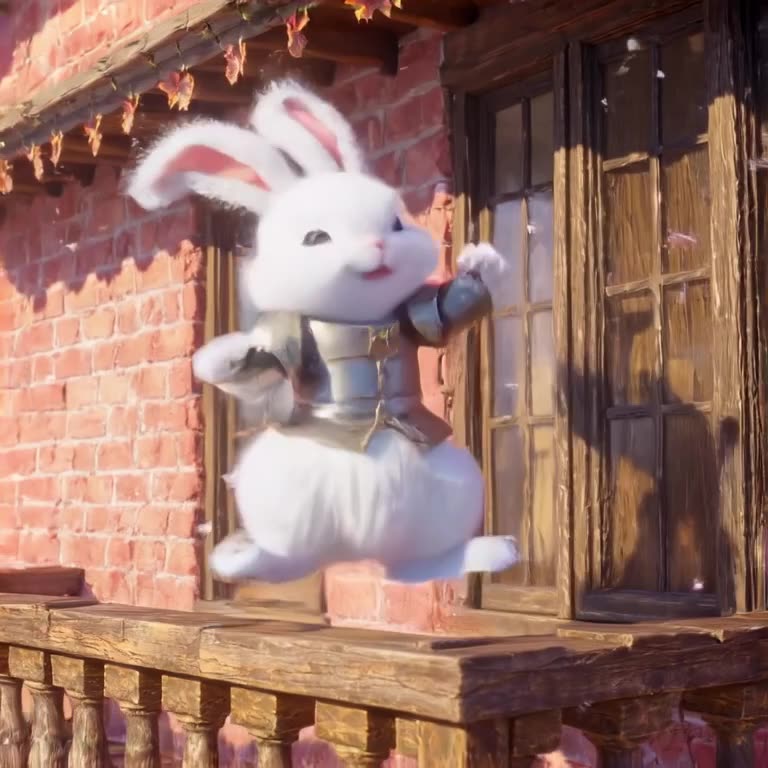 A fluffy white rabbit in a knight's armor performs the 'floss' dance vigorously on a balc…