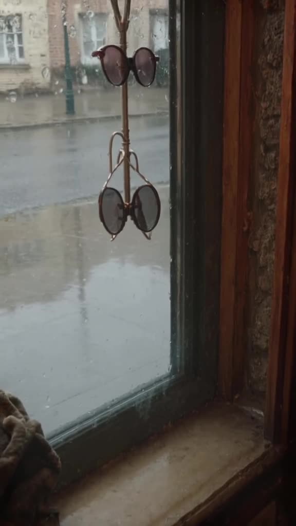 Overhead shot of a rainy sidewalk seen through a clean window, sunglasses hang from a coa…