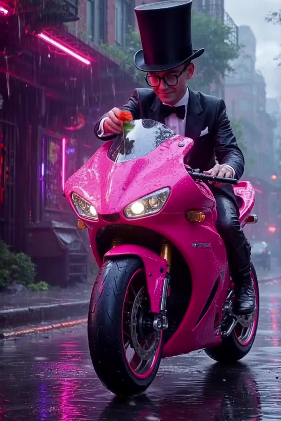 A Victorian gentleman in a top hat and monocle gently places a flower in the headlight of…