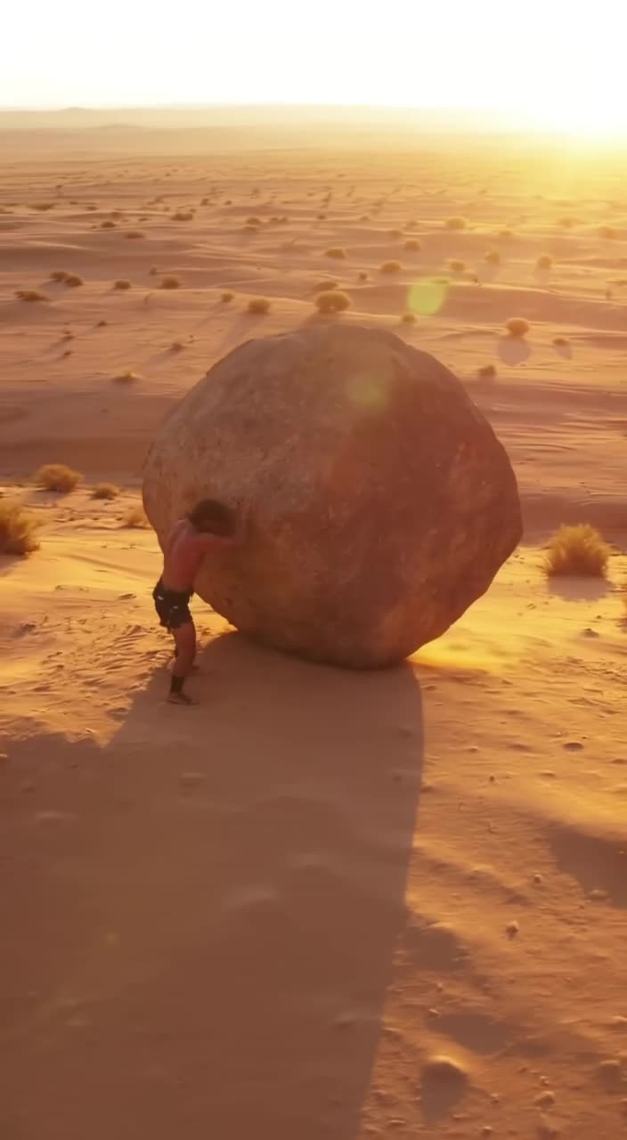 Aerial drone shot of a desert. A hero with super strength tries to lift a single, massive…