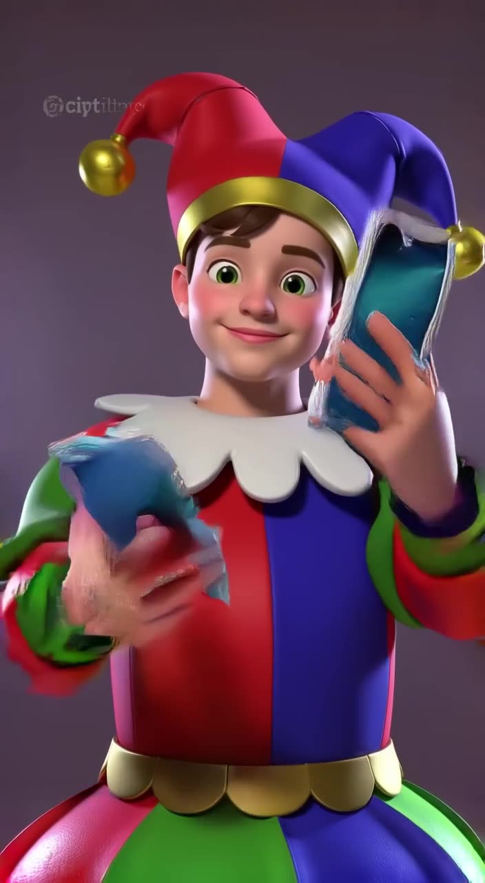 Medieval jester juggles three smartphones. They drop in slow motion, catching each one pe…