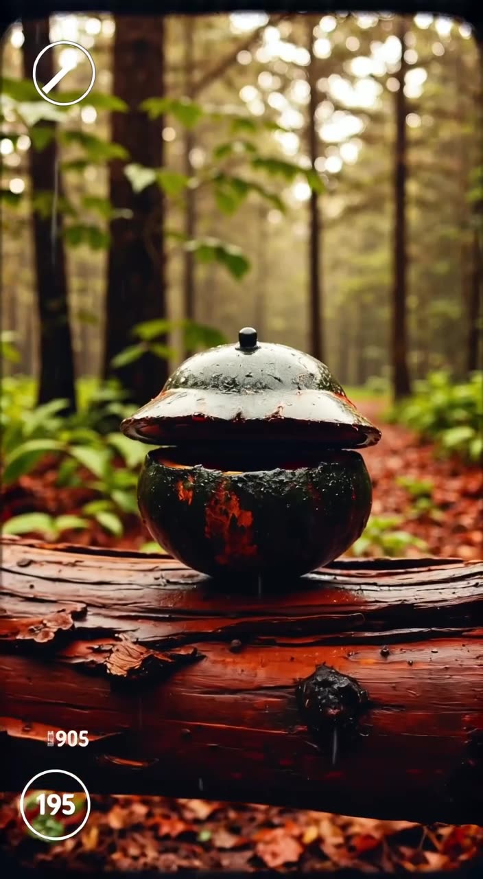 A dark, vintage-looking fruit sits on a rotting log. It cracks open like a vintage radio,…