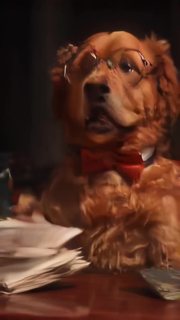A golden retriever lawyer sits at a mahogany desk, wearing oversized glasses and a bowtie…