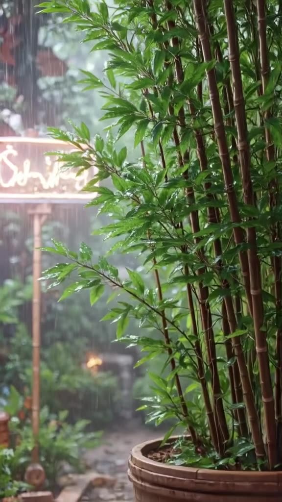 A bamboo plant in a planter stretches its leaves toward a flickering neon sign, mimicking…