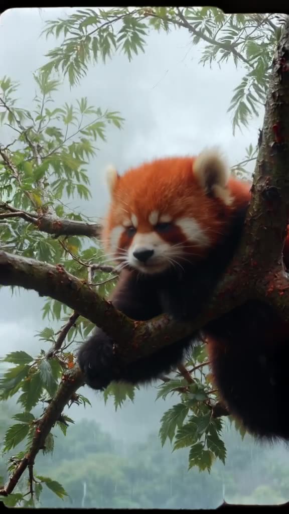 A red panda clings to a tree branch, looking dramatically exhausted as leaves fall around…