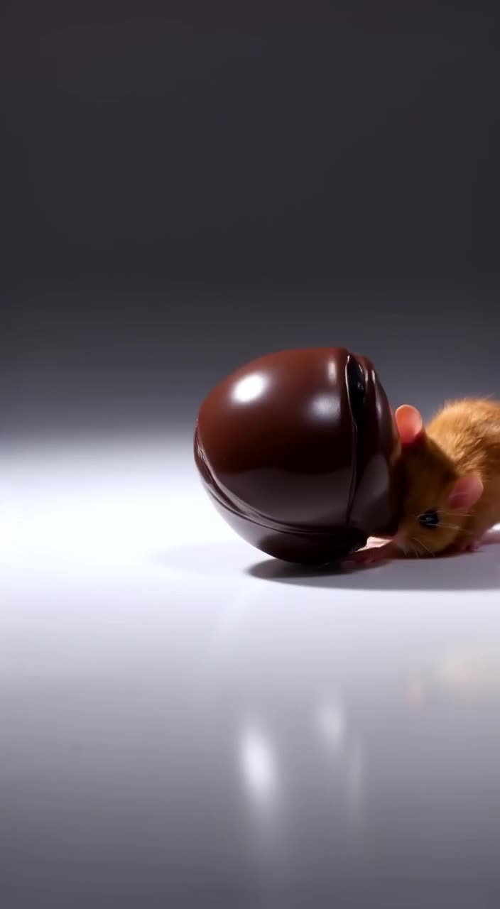 A tiny mouse drags a chocolate truffle the size of its head. It struggles under the weigh…