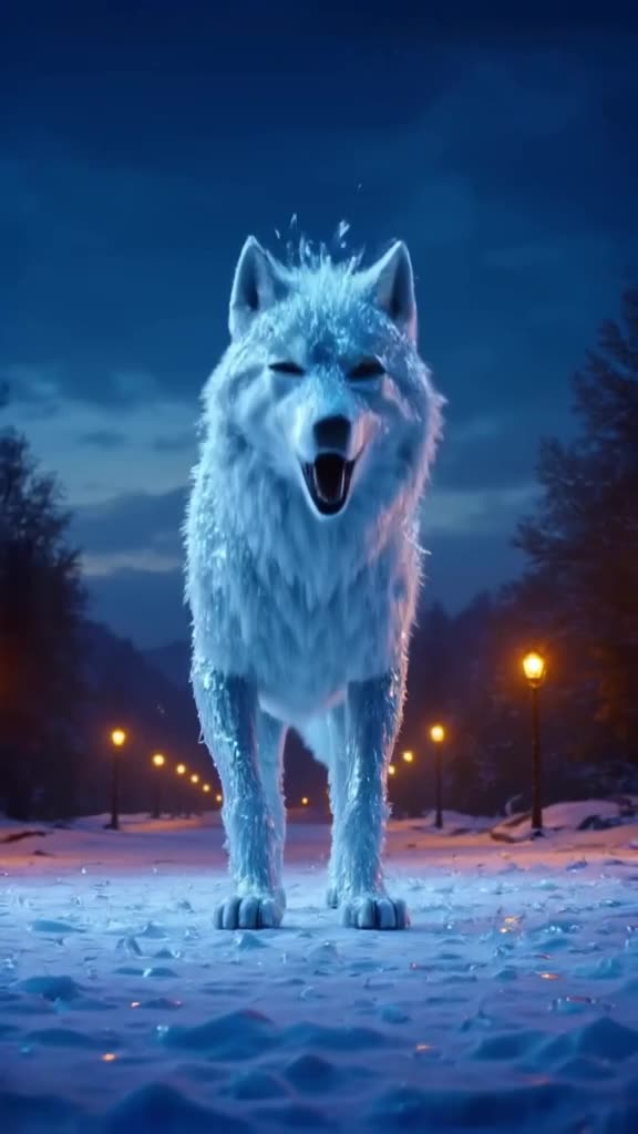 A majestic wolf made entirely of clear, crackling glass stands on a snowy hill at twiligh…