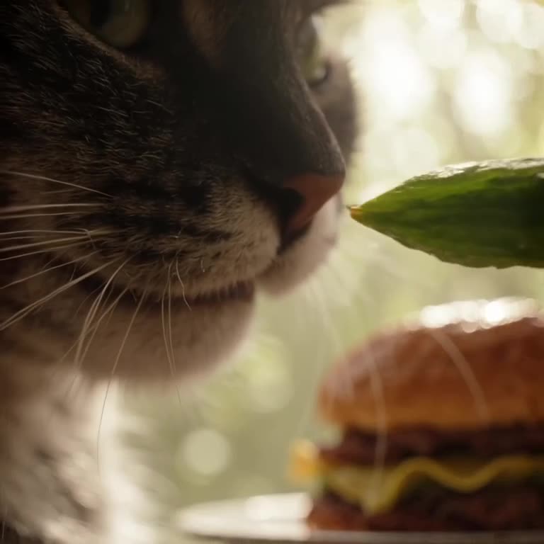 Macro shot of a cat’s whiskers twitching as a cucumber nose-prods its face. A burger sits…