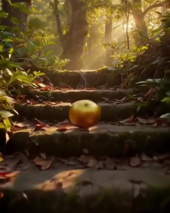 Close-up of a golden apple rolling down a mossy stone staircase in a sun-dappled forest. …