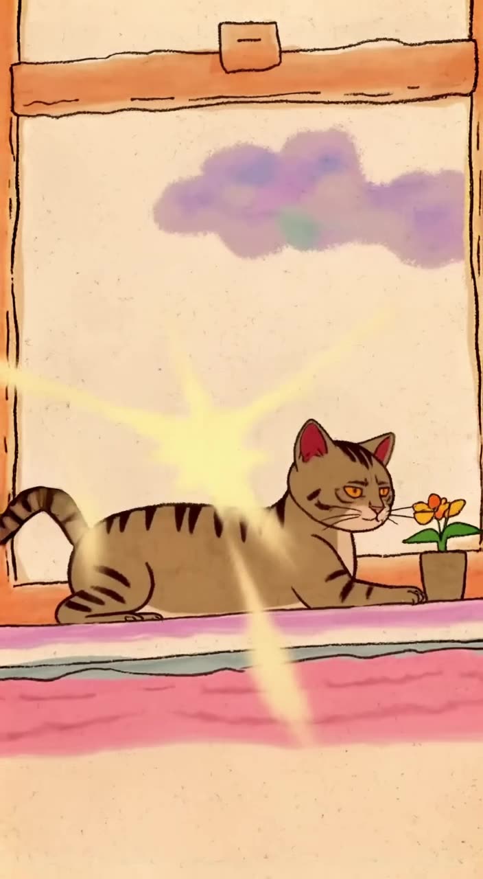 Aesthetic watercolor animation style. A tabby cat lounges on a windowsill in soft pink li…