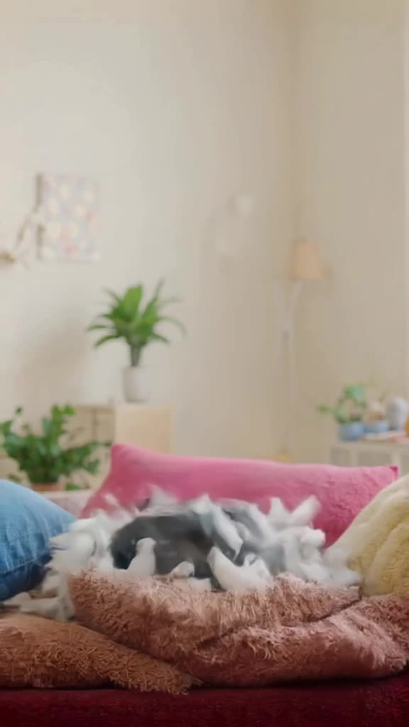 A streetwear hat falls from the sky onto a pile of colorful pillows. Upon impact, the hat…