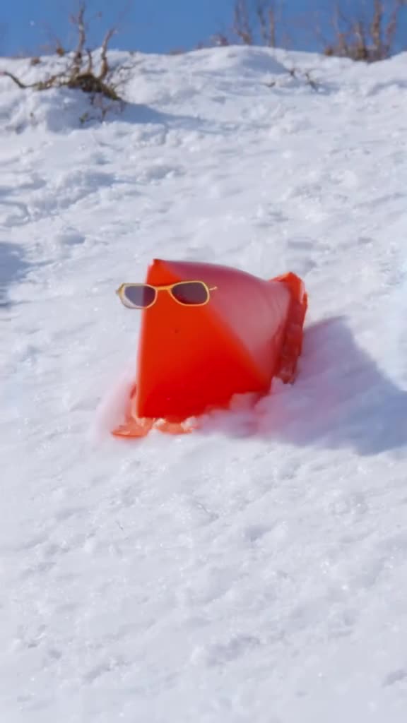 An old-fashioned traffic cone wears tiny sunglasses, sliding sideways down a steep icy sl…