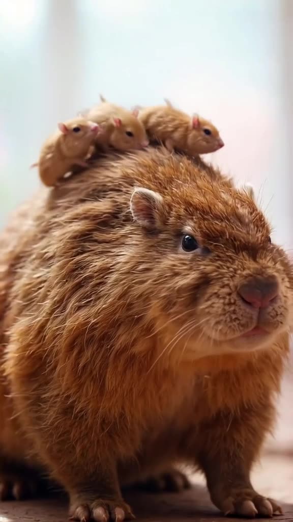 A Capybara calmly sips iced coffee while tiny hamsters on its back do the cha-cha. Soft p…