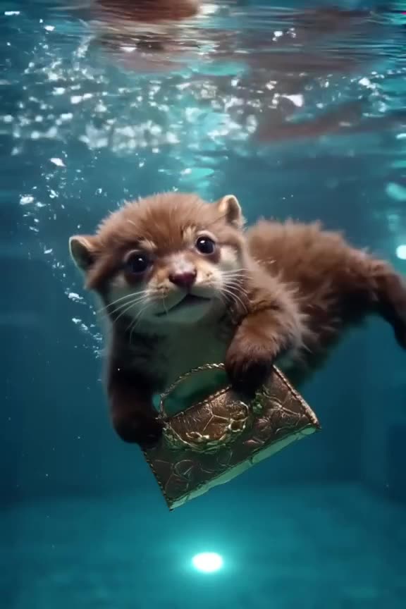 A baby otter floats on its back in a modern indoor lap pool, holding a luxury handbag wit…