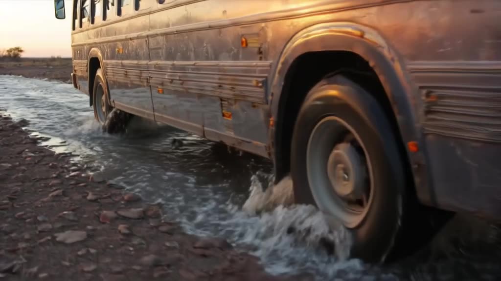 A bus made of flowing water drives over a dry, cracked earth road. Water splashes realist…