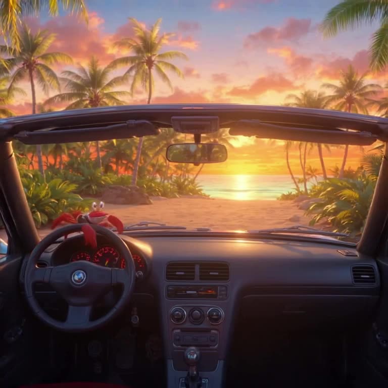 POV: A crab scuttles across the dashboard of a convertible motorcycle, holding a tiny ste…