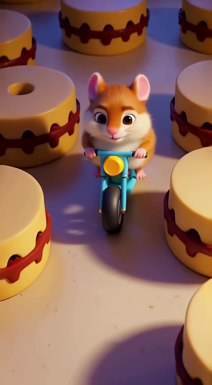 A hamster rides a toy motorcycle through a maze of cheese wheels. The hamster steers with…