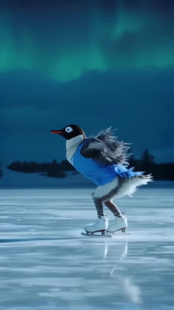 A penguin in a shimmering blue skating costume glides effortlessly across a frozen lake u…