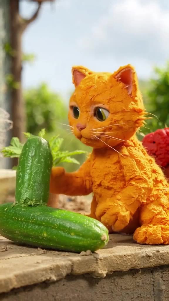 Claymation texture, bright saturated colors. A ginger kitten sits next to a cucumber on a…