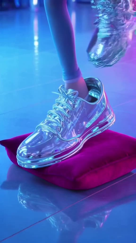 A giant glass slipper sits on a velvet pillow. A sneaker-clad foot steps in, but the shoe…