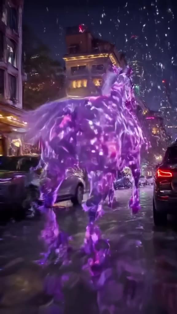A translucent glass horse gallops through a neon-lit city at night, its hooves striking p…