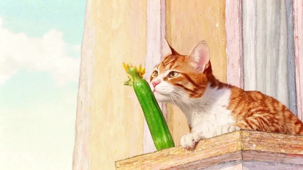 Soft focus watercolor style on a Parisian balcony. A calico cat eyes a cucumber. The vege…