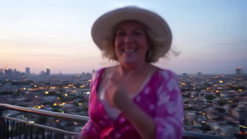 A grandma breakdancing on a rooftop overlooking a sprawling cityscape at dusk, her hat sp…