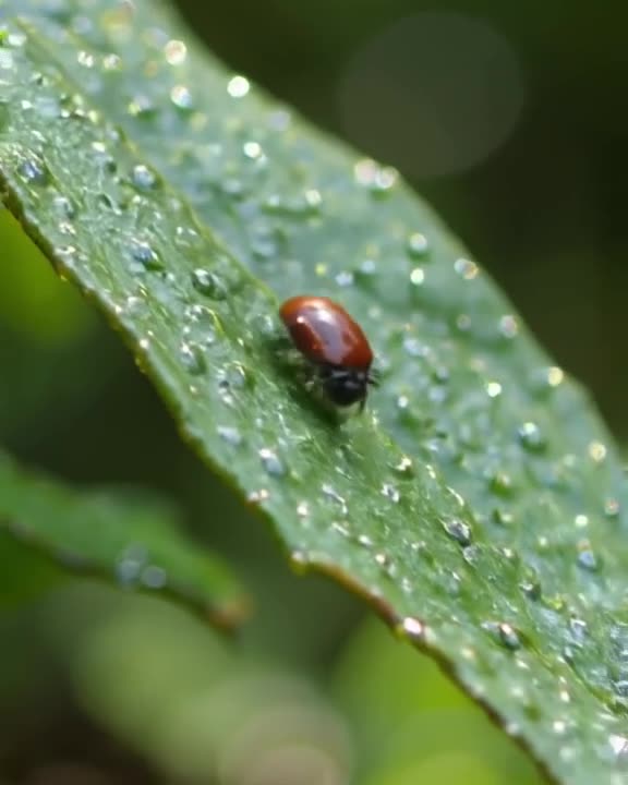 A ladybug slides down a dew-covered leaf like a water slide, splashing into a puddle belo…