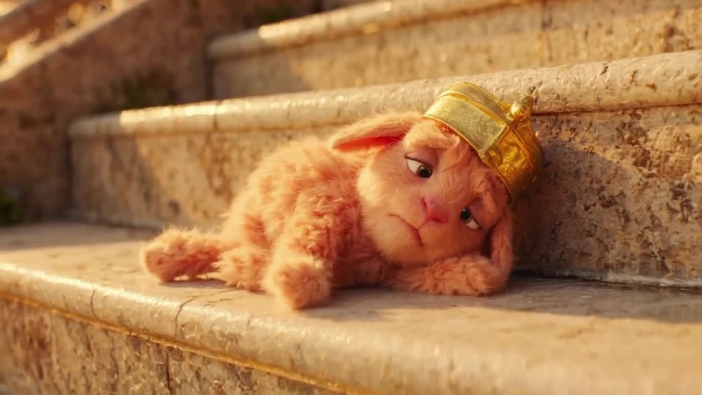 A fluffy baby goat wearing a miniature golden Roman helmet lies dramatically on marble st…