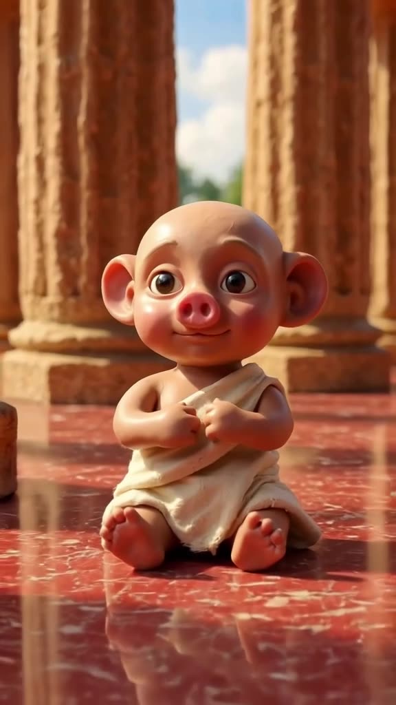 A baby piglet in a toga lies on a red marble floor, paws crossed over its chest like a no…