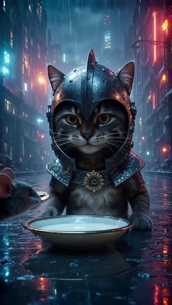 A cat wears a knight’s helmet, guarding a bowl of milk. A brave mouse runs up, offers a s…