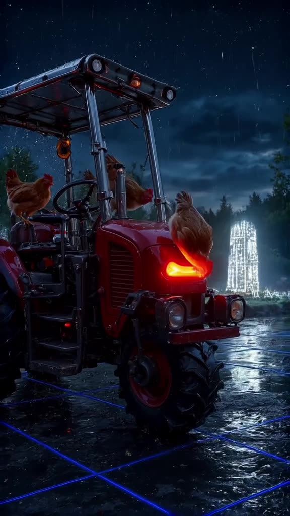 A chicken pecks at a glowing red button on a tractor, causing the entire farm to light up…