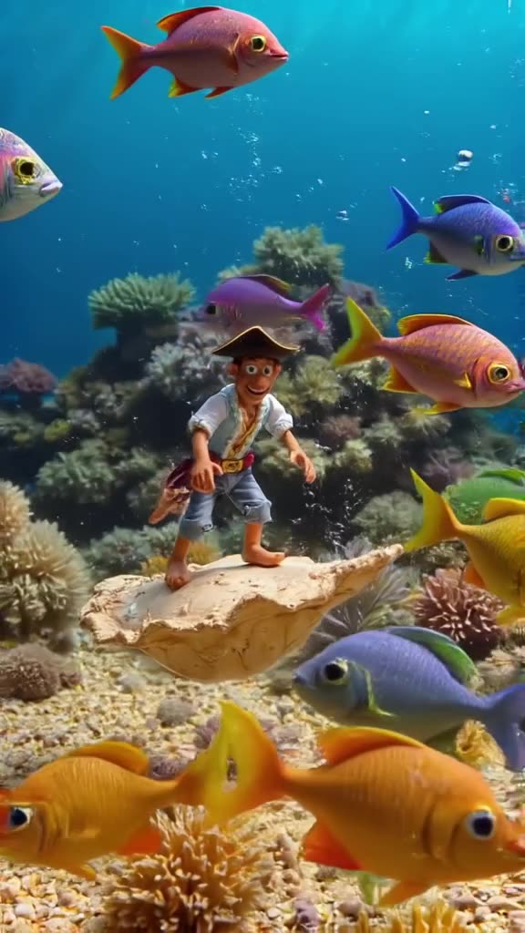 A pirate captain surfing on a giant shell through a coral reef. Fish swim around him in v…