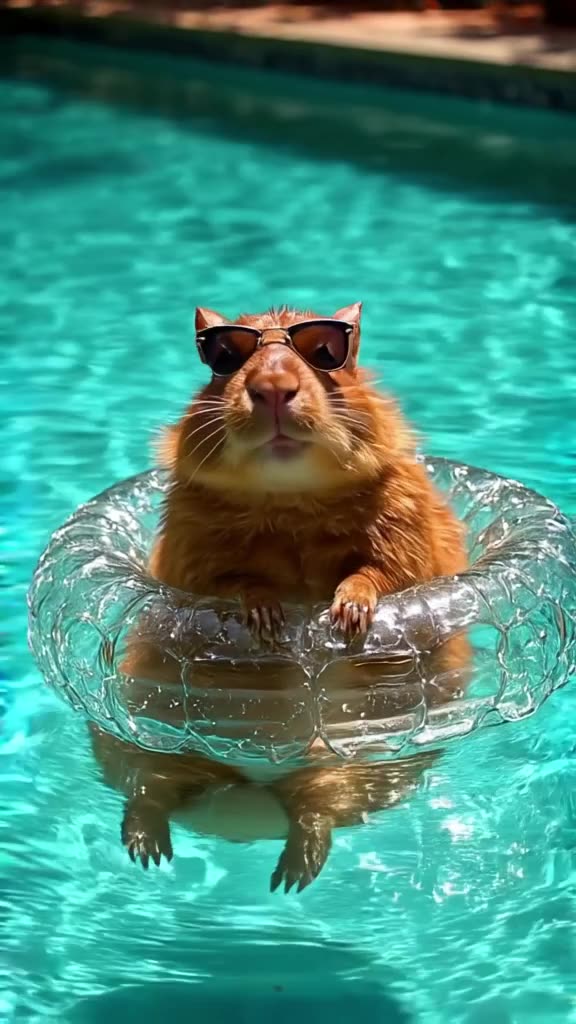 A capybara wearing sunglasses lounges on a floating inflatable ring while doing a head-bo…
