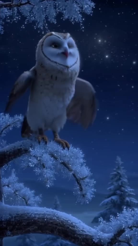 An owl perched on a frost-covered branch hoots softly, scattering glittering snow dust in…