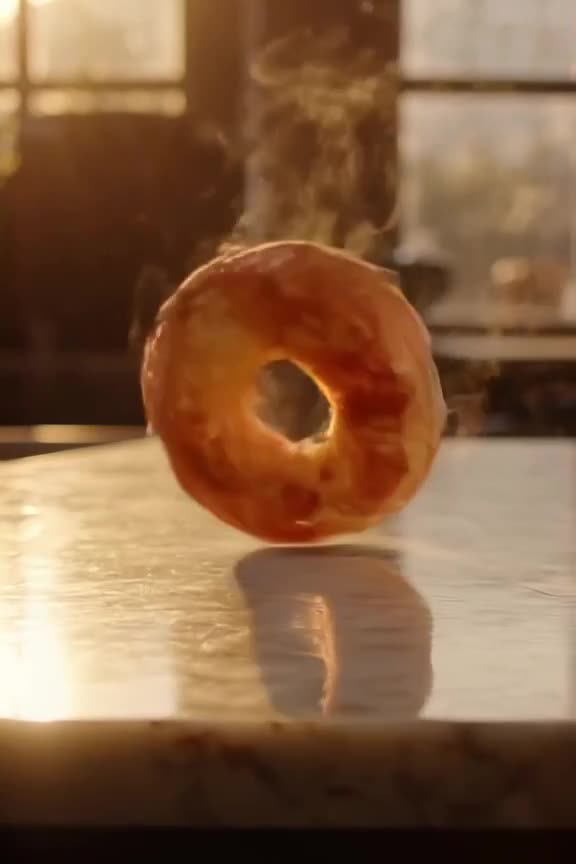 A perfectly toasted bagel performs a K-pop choreography on a marble counter at golden hou…