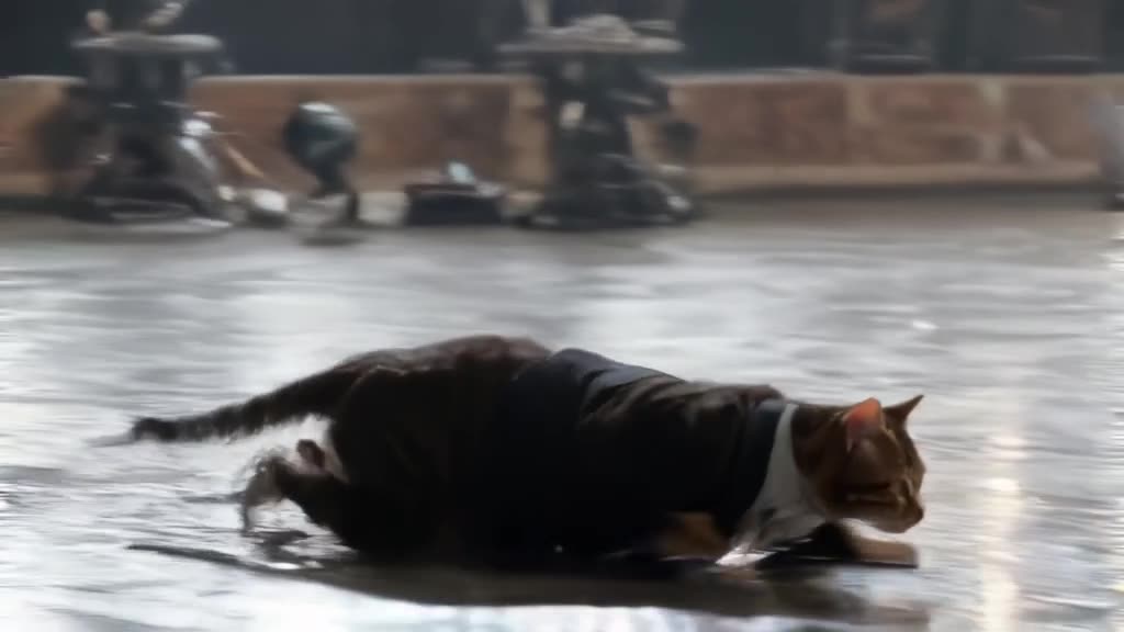 A cat in a tuxedo attempts to slide across a wet stage floor but wears socks, sliding str…