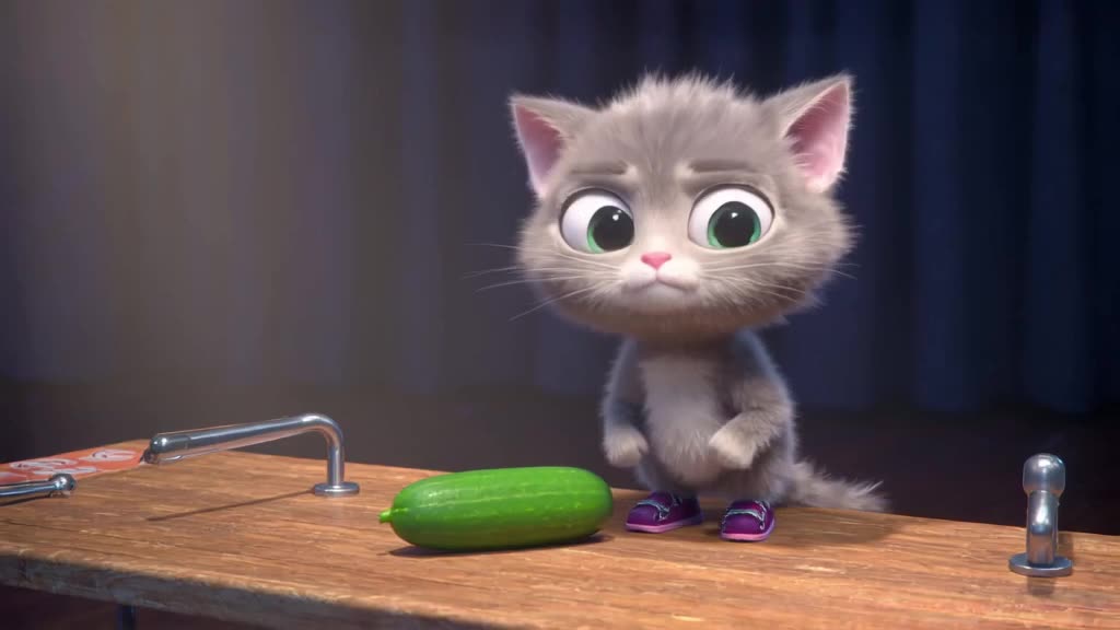 A kitten in tiny running shoes stands atop a marathon water station table. A cucumber rol…