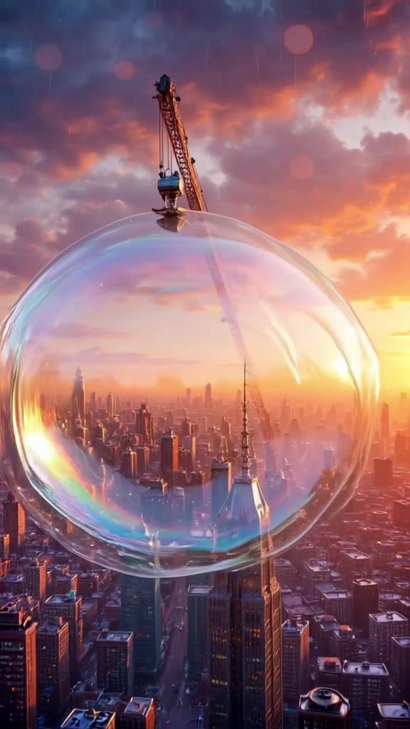 A crane lifts a giant, bouncing bubble of iridescent soap film over a city skyline at sun…