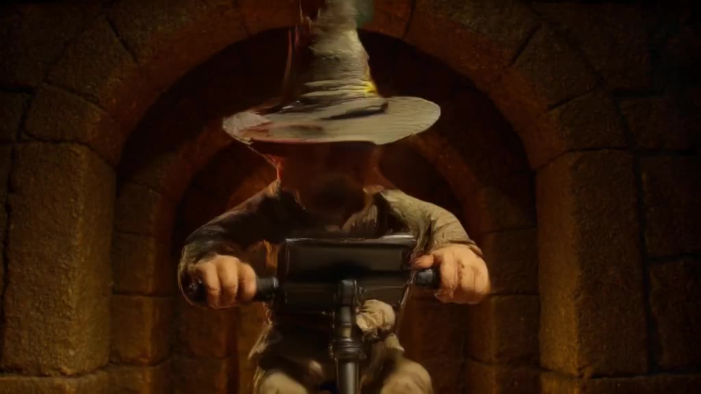 A grumpy ancient wizard in a pointy hat tries to balance a modern tablet on his scooter's…