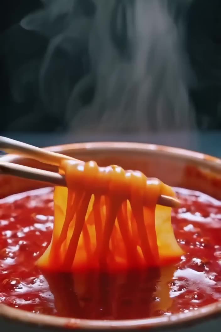 A pair of chopsticks lifts a noodle that stretches like taffy from a bowl of bubbling red…