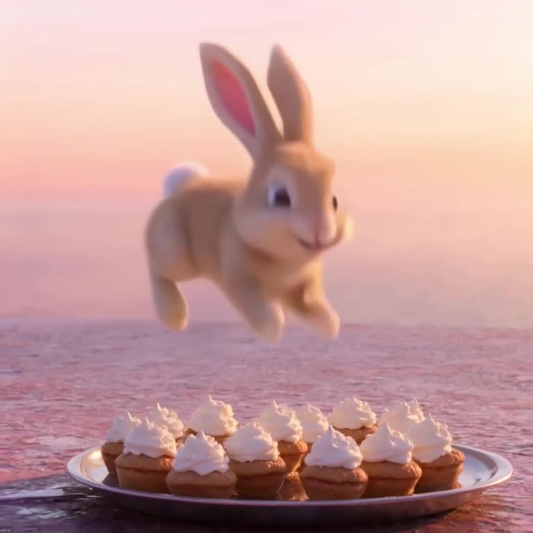 A slow-motion shot of a bunny hopping onto a table, landing on a tray of profiteroles. Th…