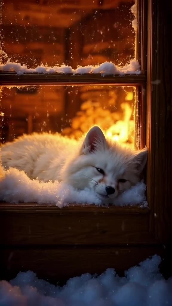 A fluffy arctic fox sleeps soundly on a snowy window sill inside a warm, dimly lit cabin.…