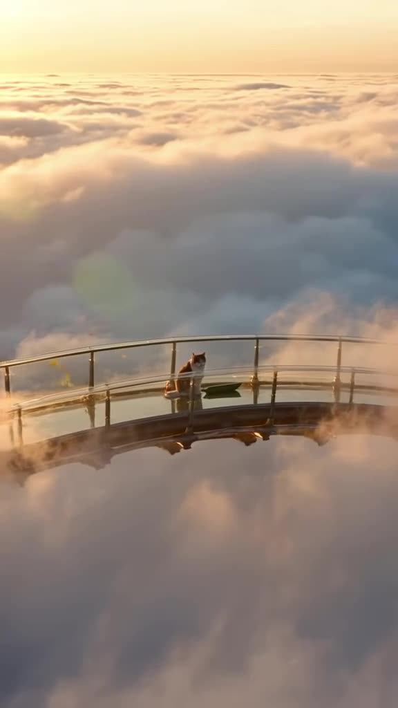Cinematic slow motion. A cat sits beside a cucumber on a glass bridge above the clouds. T…