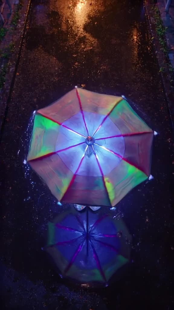 An umbrella stands upright, spinning slowly to distribute its water like a sprinkler. Eac…